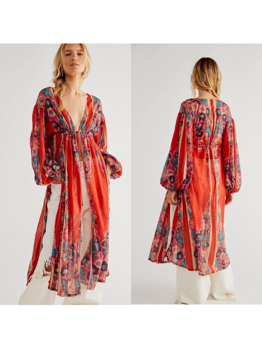 Free People Dream Girl Maxi Open Top Retro Red Lightweight Robe Size Size Medium